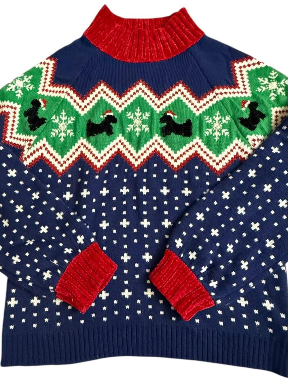 99 Jane Street Navy Christmas Sweater Dog Pattern Metallic Knit Women’s Medium